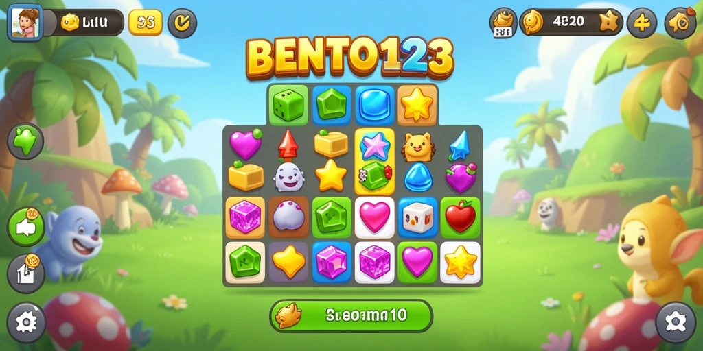 Tampilan gameplay BENTO123 dengan kombinasi warna-warni yang ceria.