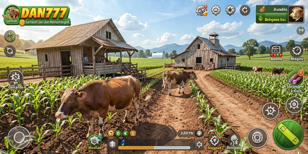 Screenshot gameplay DAN777 menampilkan ladang subur dengan tanaman beraneka ragam.