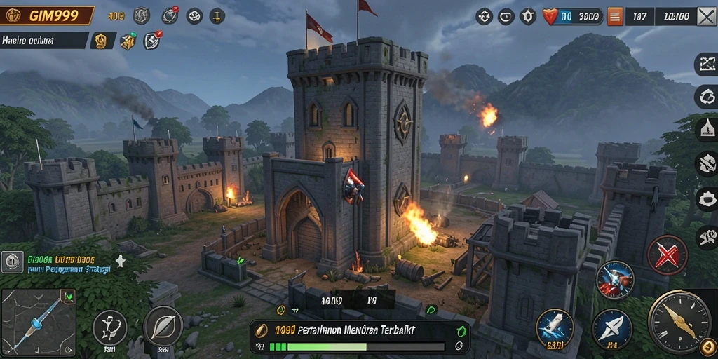 Screenshot gameplay menampilkan menara pertahanan yang kuat dan musuh yang menyerang.