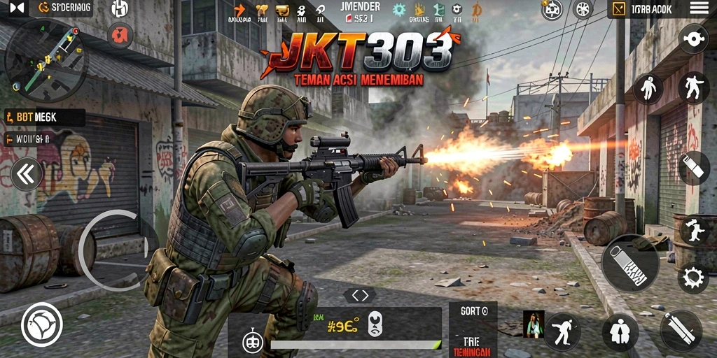 Screenshot JKT303 menampilkan aksi tembak-menembak yang seru dan dramatis.