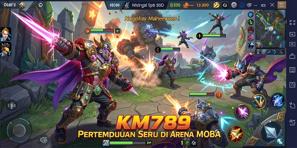 Screenshot gameplay KM789 menunjukkan aksi pertempuran epik di arena MOBA.