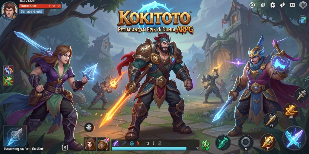 Screenshot gameplay KOKITOTO menunjukkan pertarungan epik dalam dunia ARPG.