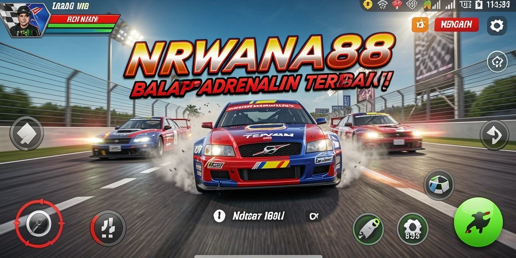 Screenshot gameplay NIRWANA88 menunjukkan mobil balap meluncur kencang di lintasan.