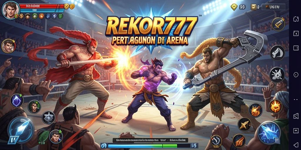 Screenshot utama REKOR777 menampilkan karakter bertarung di arena.