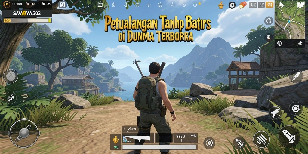 Tampilan gameplay SAVAYA303 dalam dunia terbuka yang penuh warna.