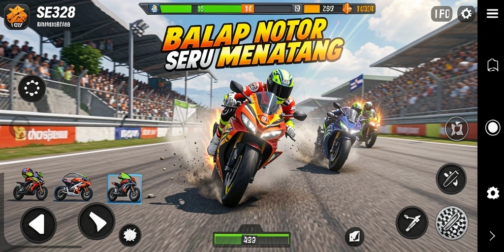 Tampilan gameplay SE328 dalam aksi balap motor yang mendebarkan.
