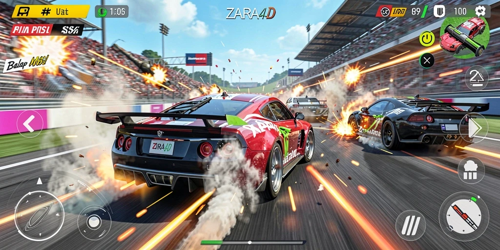 Tampilan gameplay balap yang mendebarkan di ZARA4D dengan mobil-mobil keren.